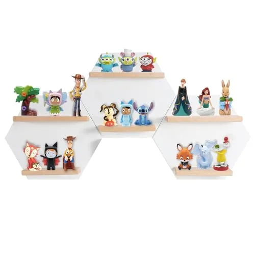 Tonie Shelf Magnetic,Hexagon Shape for Toniebox Figures Storage Display Shelf,Wall Floating Shelves Wooden,Compatible Charging Station, 3 PCS