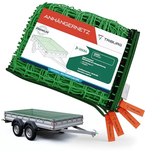 TRIBURG Anhängernetz mit Randverstärkung – DEKRA Geprüft - Anhängernetz mit Eckmarkierungen und Spanngummi für optimale Ladungssicherung. Ideal für Gartenabfälle und Baumaterialien – schützt Ihre Ladung zuverlässig!