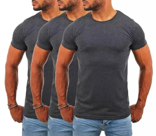 Young & Rich Herren Uni Basic T-Shirt Dunkelgrau - 3 Stück, Slimfit mit Rundhals - Stylisches Basic T-Shirt in Dunkelgrau, ideal als Unterziehshirt. Die körperbetonte Slimfit-Passform und die angenehme Baumwoll-Mischung garantieren hohen Tragekomfort.