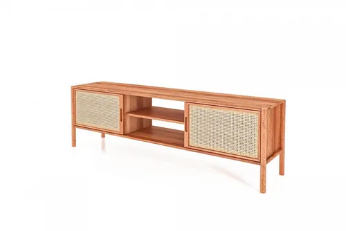 TV-Board Zola aus massiver Kernbuche mit Rattan 204x64cm - Stilvolles TV-Board in Kernbuche und Rattan, bietet 2 Schiebetüren und 2 offene Fächer. Ideal für Ihr Wohnzimmer, robust und komplett montiert für sofortigen Einsatz.