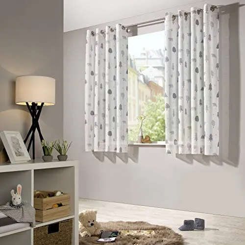 heimtexland ® Vorhang Kindergardine Leinen Optik Natur Grau Skandinavisch Wald Bär Gardine transparent Kinderzimmer Ösenschal Ökotex Typ563 Weiß - Grau mit Ösen I HxB 175x135 cm