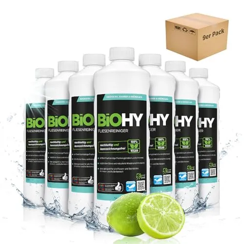 BiOHY Fliesenreiniger (9x1l Flasche) | Effektive Reinigung für Stein- & Fliesenböden - Der BiOHY Fliesenreiniger sorgt für strahlend saubere Fliesen im Bad, WC und Wohnbereich. Seine innovative Formel entfernt mühelos Schmutz und hinterlässt einen schmutzabweisenden Glanz. Ideal für Wand- und Bodenfliesen.