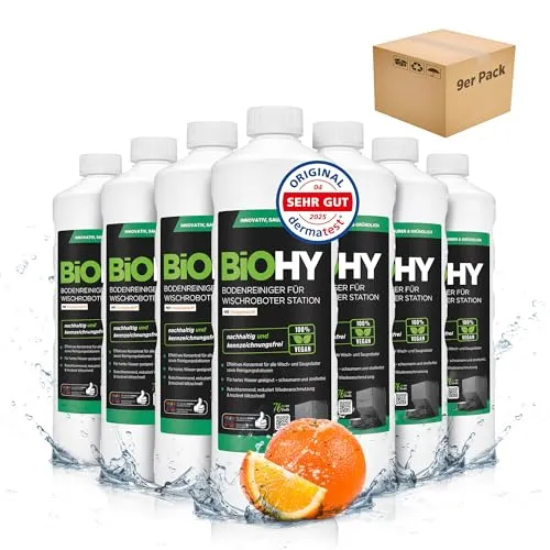 BiOHY Bodenreiniger für Wischroboter Station mit Orangenduft (9 x 1 Liter) | Reinigungsmittel Konzentrat für alle Wisch & Saugroboter mit Nass-Funktion | Schaumarm & Streifenfrei | Für alle Böden