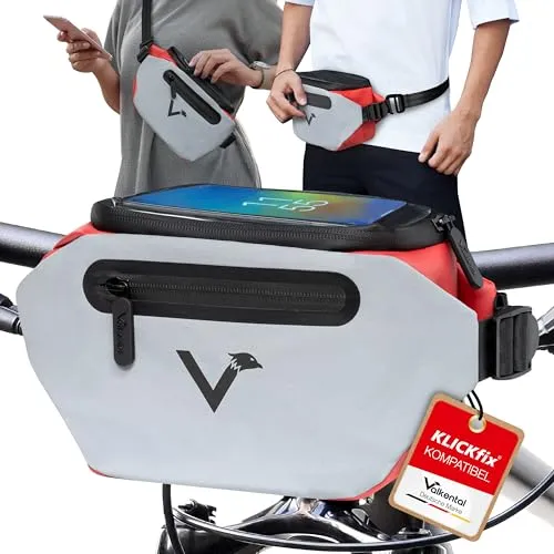 Valkental 3in1 City Bag - Fahrrad Lenkertasche Klickfix rot - Fahrradtaschen mit 4L Kapazität, inklusive Regencape und Schultergurt, ideal für alle Fahrräder und Radsportaktivitäten. Hergestellt aus recyceltem Material.