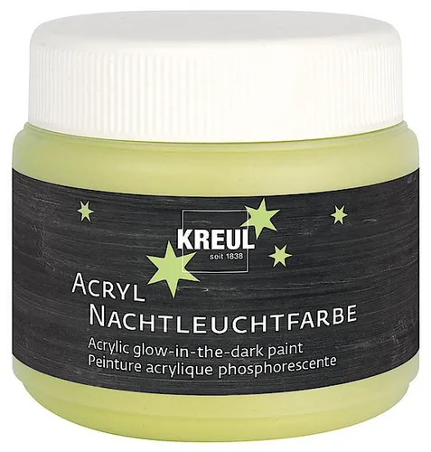 KREUL Acryl Nachtleuchtfarbe 150 ml gelb - Schreibutensilien - schnelltrocknende, speichelechte Acrylfarbe mit Nachtleuchteffekt, ideal für kreative Deko auf Holz, Papier und Stoff.
