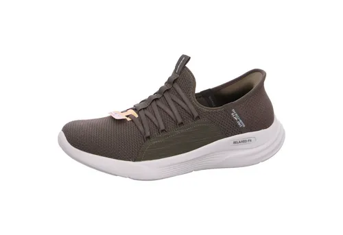 SKECHERS USA Damen Slipper in Grün - Sportliche Relaxed Fit - Slipper & Loafer mit Hands Free Slip-ins für einfaches Anziehen. Genießen Sie ultimativen Tragekomfort dank des Heel Pillow™ und der Skechers Air-Cooled Memory Foam® Decksohle.