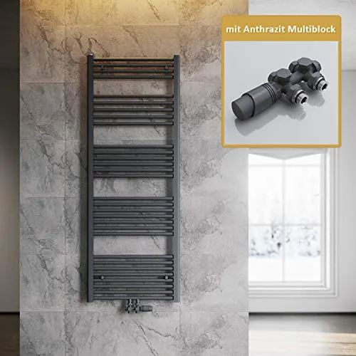 SONNI Badheizkörper 1600x600mm Handtuchtrockner Anthrazit 934 Watt Design Hantuchwärmer Heizung Mittelanschluss mit Anthrazit Multiblock Thermostat