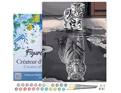 Figured'Art Malen Nach Zahlen Erwachsene Mit Rahmen Katze und weißer Tiger - Paint by Numbers Basteln DIY Bastelset 40x50cm Leinwand gespannt auf Holzrahmen