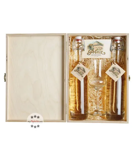 Prinz Geschenk-Set "Edles in Holz verpackt" - Weinset mit 0,2 Liter-Flasche Prinz Alte Sorten Alter Willi & Alte Marille, stilvoll verpackt in einer edlen Holz-Kiste – das perfekte Geschenk für Genießer!