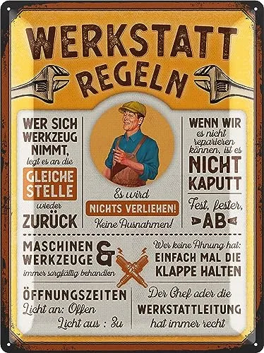 LANOLU XXL Retro Blechschild Werkstatt Schild - Lustige Werkstattregeln für Männer - Wand- & Türschilder: Witziges Metallschild als perfektes Vatertagsgeschenk, das mit humorvollen Werkstattregeln für gute Laune sorgt und jede Garage aufpeppt!