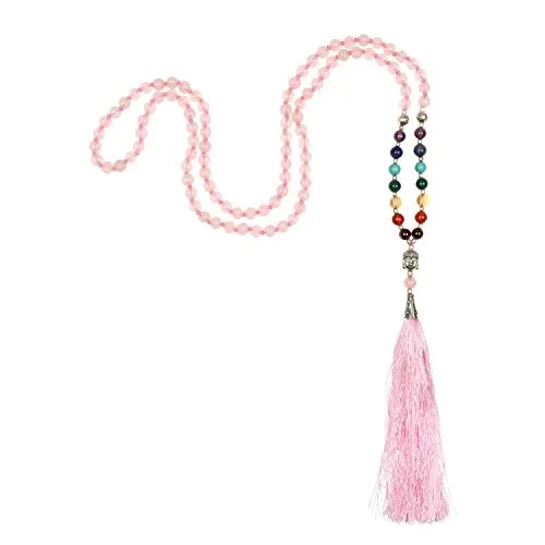 Bodhi Mala 7 Chakren, 6mm Perlen. Rosenquartz mit rosa Quaste, 108 Perlen