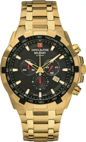 Swiss Alpine Military Sportuhr 7043.9117SAM - Armbanduhren für Herren mit Stoppuhrfunktion und robustem goldfarbenem Edelstahlband, ideal für aktive Männer, die Stil und Funktionalität schätzen.