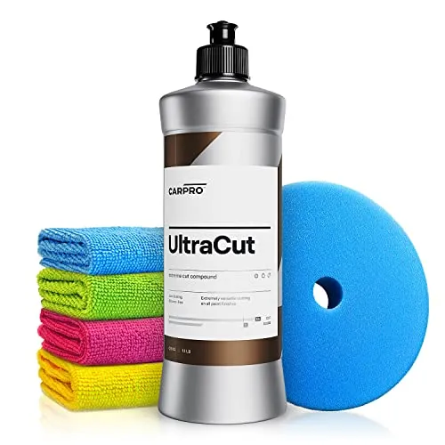 Autopolitur Set: CarPro UltraCut Schleifpolitur (500g) - Extreme Cut Compound für starke Defektkorrekturen am Autolack - Für Exzenter oder Rotation - Auto polieren, Schleifpaste, Heavy Cut | 6-teilig