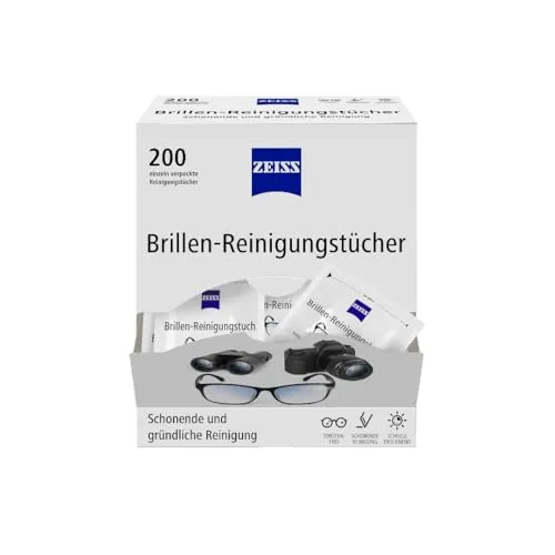 ZEISS Brillen-Reinigungstücher 200 Stück - Schnelle Reinigung für Brillengläser und Displays - Brillen-Pflegemittel mit alkoholhaltiger Lösung für eine schonende und effektive Reinigung von Brillengläsern, Smartphones und Displays, die schnell trocknen.
