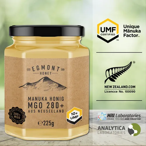 Egmont Honey Manuka Honig MGO 280+ UMF 10+ 225g - Hochwertiger Manuka-Honig aus Neuseeland, ohne GVO und Konservierungsstoffe, ideal für Gesundheit und Wellness.