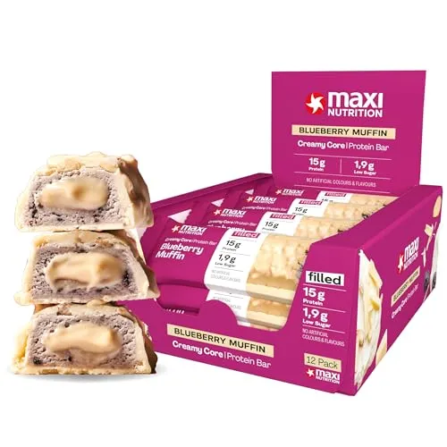 MaxiNutrition Creamy Core Bar Blueberry Muffin, 12x45g Filled-Protein-Riegel, 29% Eiweißgehalt 13 g je Riegel, low Sugar (2,1g), ohne Zuckerzusatz, ohne künstliche Aromen, Born & Developed in Germany