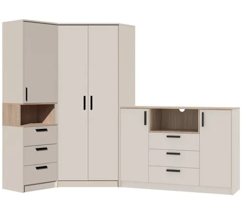 Marmex Möbel Mehrzweckschrank-Set Grant SET 38 C - Praktisches Möbelset für das Schlafzimmer: Eckschrank, Regal und Kommode mit Soft-Close-Scharniere und vollausziehbaren Schubladen für optimalen Stauraum.