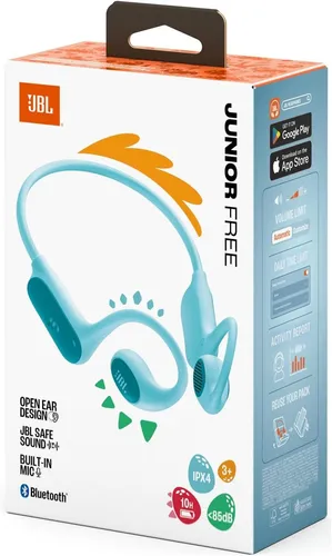 JBL Junior FREE Teal - Kabellose Kinderkopfhörer - Kabellose Kopfhörer mit Mikrofon, speziell für Kinder. Sicherer Musikgenuss mit bis zu 10 Stunden Akkulaufzeit und spritzwassergeschützter IPX4-Zertifizierung.