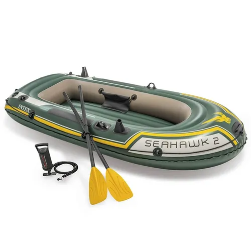 INTEX Schlauchboot Seahawk 2 Set 68347NP mit Rudern und Pumpe - Schlauchboot für 2 Erwachsene, robust und langlebig, ideal für seichte Gewässer. Schnelles Aufpumpen dank 2 Ventilen und stabiler aufblasbarer Boden für Komfort.