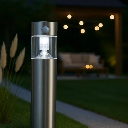 MeLiTec Solar Gartenleuchte mit Bewegungsmelder - Wegeleuchten: Edle Edelstahl-Solarleuchte mit Bewegungsmelder und Dämmerungssensor für automatische, energiesparende Beleuchtung – ideal für Garten und Wege.