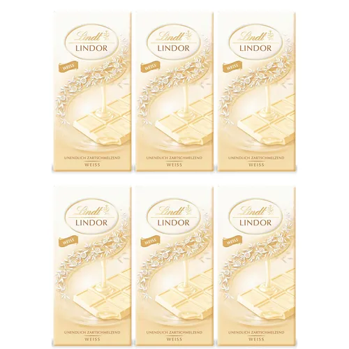 Lindt Lindor Weiß Tafel 100g - 6er Pack - Marzipan & Pralinen - Zartschmelzende weiße Schokolade für ein magisches Geschmackserlebnis, kreiert von den Lindt Maîtres Chocolatiers.