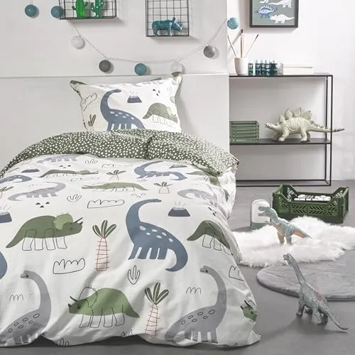 Familando Bettwäsche-Set Dino - 2-teilig für Jungen & Mädchen - Bettwaren-Set für Kinder mit 135x200cm Deckenbezug und 80x80cm Kissenbezug, aus 100% Baumwolle, hautfreundlich und OEKO-TEX-zertifiziert, ideal für süße Träume in Dino-Design.