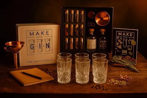 Make Your Gin Geschenkset weiß Geschenkbox Gin zum Selbermachen - 11 Botanicals - Kopi Luwak von freilebenden Tieren + Bar Trichter + Anleitung mit Rezept + 6er Set Longdrinkglas
