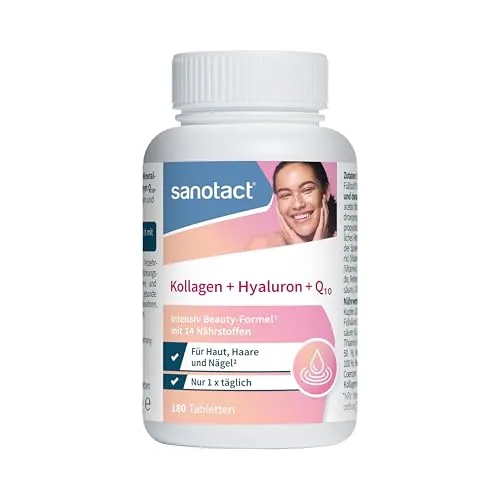 sanotact Kollagen + Hyaluron + Q10 Kapseln – Beauty-Formel für Haut, Haare und Nägel - Hochwertiger Beauty-Komplex mit 14 Nährstoffen für eine ganzheitliche Unterstützung. Praktische Einnahme mit 180 Kapseln für 6 Monate – ideal für deinen Alltag.
