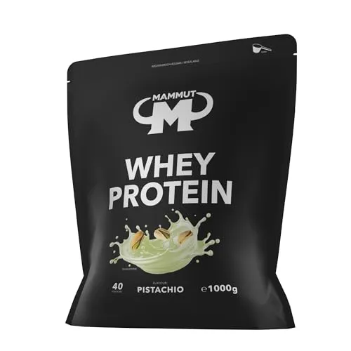 Mammut Nutrition Whey Protein Pulver Pistachio – 1kg – 28g Protein pro Portion - Leckeres Whey Protein Pulver mit hohem BCAA-Anteil, ideal für Sportler. Perfekte Löslichkeit in Wasser & Milch, ideal als Zwischenmahlzeit für die Proteinversorgung.