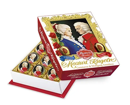 Reber Wolfgang & Constanze Mozart-Kugeln Barock, 12er Packung, Mozart-Kugeln aus Zartbitter- Alpenmilch-Schokolade, Gefüllt mit Pistazien, Marzipan, Mandeln, Haselnuss-Nougat, 240g