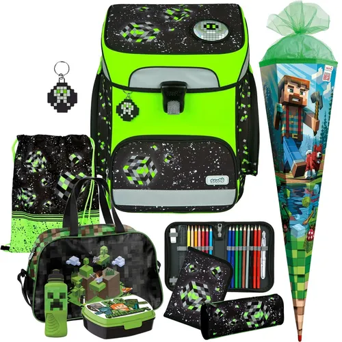 Space Robot - Pixel - EasyFit Glow Schulranzen-Set 9tlg. - 9-teiliges Schulranzen-Set mit sportlicher Tasche, ideal für kleine Abenteurer. Ausgestattet mit Brustgurt und in trendigem Pixel-Design, perfekt für Jungen.