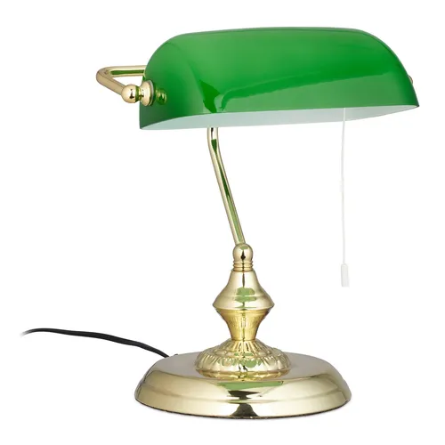 Vintage Bankerlampe mit Zugschalter – Antike Tischlampe E27-Fassung - Schreibtischlampe im Retro-Stil mit grünem Glas und Metall, ideal für Schlafzimmer, Arbeitszimmer oder Wohnzimmer. Verleiht jedem Raum nostalgischen Charme.