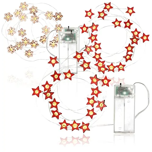 COM-FOUR® 3x LED Lichterkette mit Timer - energiesparende Weihnachtsbeleuchtung - Lichterketten mit je 20 LED - Designelemente aus Holz - Weihnachtdekoration für Innen