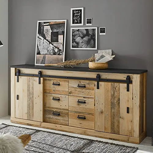 Sideboard SHELTON-61 im Old Style - 201 cm, 2 Schiebetüren, 6 Schubladen - Elegantes Sideboard SHELTON-61 in hellen Holzoptik mit anthrazit Akzenten. Ideal für Ordnung und Stil, ausgestattet mit Softclose-Funktion und robusten Metallbeschlägen.