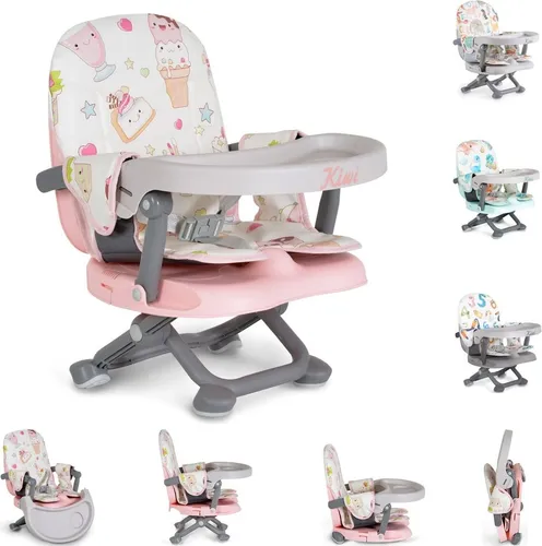 Kinderstuhl Kiwi - Klappbare Sitzerhöhung in Rosa - Kinderhochstühle für Kinder ab 6 Monaten, höhenverstellbar, klappbar und ideal für unterwegs. Mit abwaschbarem Tisch und 3-Punkt-Sicherheitsgurt für sicheren Halt.