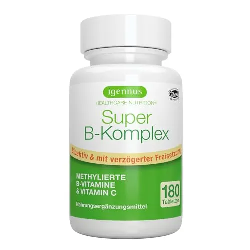 Igennus Super B Komplex – hochdosierter methylierter B-Vitamin Komplex - Vitamin B-Complex Präparate mit leicht absorbierbaren B-Vitaminen, fördert Energieproduktion und verringert Müdigkeit, vegan und Clean Label für optimale Verträglichkeit.
