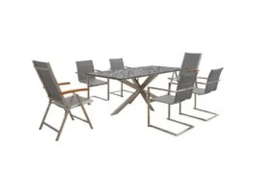 OUTFLEXX Garten-Essgruppe, silber, Edelstahl/Granit/Textilene, 200x100 cm, 4 Freischwinger, 2 Klappstühle, padded, Armlehnen aus Teak