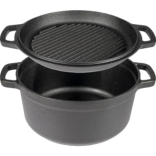 BROWIN® Gusseisen Topf mit Pfanne 330527 - 2in1 Kochgeschirr - Pfannen | 3,5 Liter Gusseisen Topf und Pfanne in einem, ideal für gleichmäßiges Garen und vielseitige Küche. Hochwertiges Gusseisen sorgt für beste Wärmespeicherung.