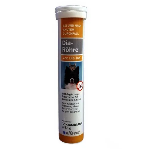 Alfavet Dia Tab Röhre 12x5,5g für Hunde und Katzen - Hilft effektiv bei und nach Durchfall, ideal für die Gesundheit von Haustieren.