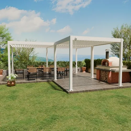 Deluxe mit Classic Pergola 6x6m in Weiß - Stabile L-Form Aluminium-Pergola (3x6m Deluxe + 3x3m Classic) mit manuell verstellbarem Lamellendach für optimale Lichtregulierung. Witterungsbeständig und langlebig, ideal für den Außenbereich.