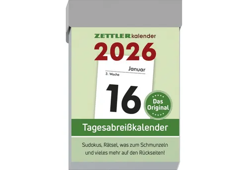 Zettler Abreißkalender 301 S 2026 - Kompakter Tageskalender 4 x 6cm mit spannenden Rückseiten, die Sudokus, Rezepte und Rätsel bieten. Ideal für jeden Tag und leicht abreißbar.