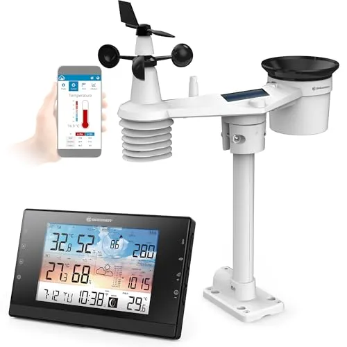 WLAN-Wetterstation Wsc mit 5 in 1 Multi-Sensor - Wetterstationen mit Farbdisplay und 5 in 1 Multi-Sensor, inklusive Solar-Panel für nachhaltige Energie und einfache App-Datenübertragung.