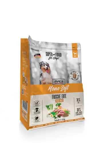MACs Mono SOFT Frische Ente 4 kg - Getreidefreies Hundefutter - Hochwertiges halbfeuchtes Hundefutter mit Ente als Hauptzutat, ideal für adulte Hunde. Glutenfrei und perfekt für empfindliche Magen. Für eine ausgewogene Ernährung.