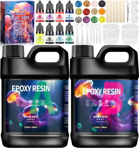 ZHHGOO Epoxidharz Set Anfänger 1016 ml - Komplettset für kreative Projekte - Dieses umfassende Epoxidharz Set beinhaltet alles für kreative Projekte: 2x508ml Harz, 8 Farbessenzen, Glitzer und mehr. Ideal für Schmuck, Kunst und Heimwerkerprojekte. Einfach zu verwenden mit einer Aushärtezeit von 24 Stunden.