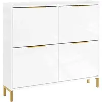 SoBuy Schuhschrank mit 4 Klappen und Goldgriffen, Hochglanz Weiß, 100x90x19cm - Moderner Schuhschrank in Hochglanz Weiß mit goldenen Griffen – ideal für kleine Flure. Bietet Platz für 8-12 Paar Schuhe und hat eine praktische Oberplatte für Schlüssel oder Deko. Perfekt als stilvolles Flurmöbel.