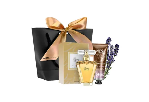 AVON Cosmetics Eau de Parfum Rare Gold Spray 50 ml Duft Spa Handcreme Geschenkset für Damen, 4-tlg., besondere Anlässe, Sinnliche Basisnoten Bernstein, Holz und Vanille