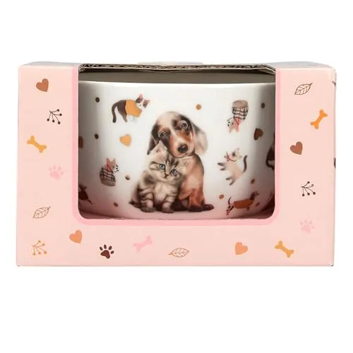 Depesche 13867 TOPModel Fur ever Friends - Müslischale in Weiß, mit Model Motiv, Hunden, Katzen und Gold, Schüssel mit Innenschrift "Happy Day"
