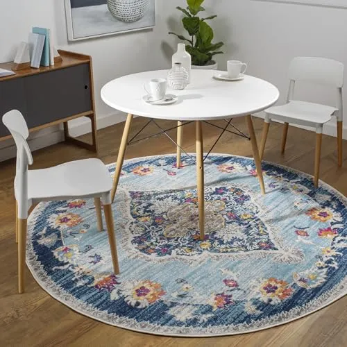 Teppich LIVABLISS "ADEN", blau, Ø 160 cm - Der stilvolle Teppich aus der VINTAGE-Kollektion vereint elegantes Design mit hoher Strapazierfähigkeit. Ideal für stark frequentierte Räume, pflegeleicht und mit geprüfter Qualität. Durchmesser: 160 cm, Höhe: 10 mm.