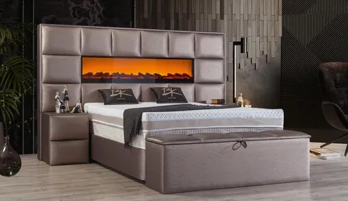 Design Doppelbett mit Truhe und Kamin Deko - Moderne Bettrahmen für Ihr Wohnzimmer, ca. 180 x 200 cm Liegefläche, inkl. stilvollem Kamin-Design und praktischer Truhe, ideal für eine gemütliche Atmosphäre.