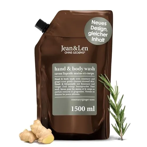 Jean & Len Hand & Bodywash Rosemary Ginger Nachfüllpackung 1500 ml - Hautpflege mit unisex Signature-Duft, ideal für umweltbewusste Nutzer – Nachfüllpackung für bis zu 3 Glasflaschen, ohne Mikroplastik und Parabene.